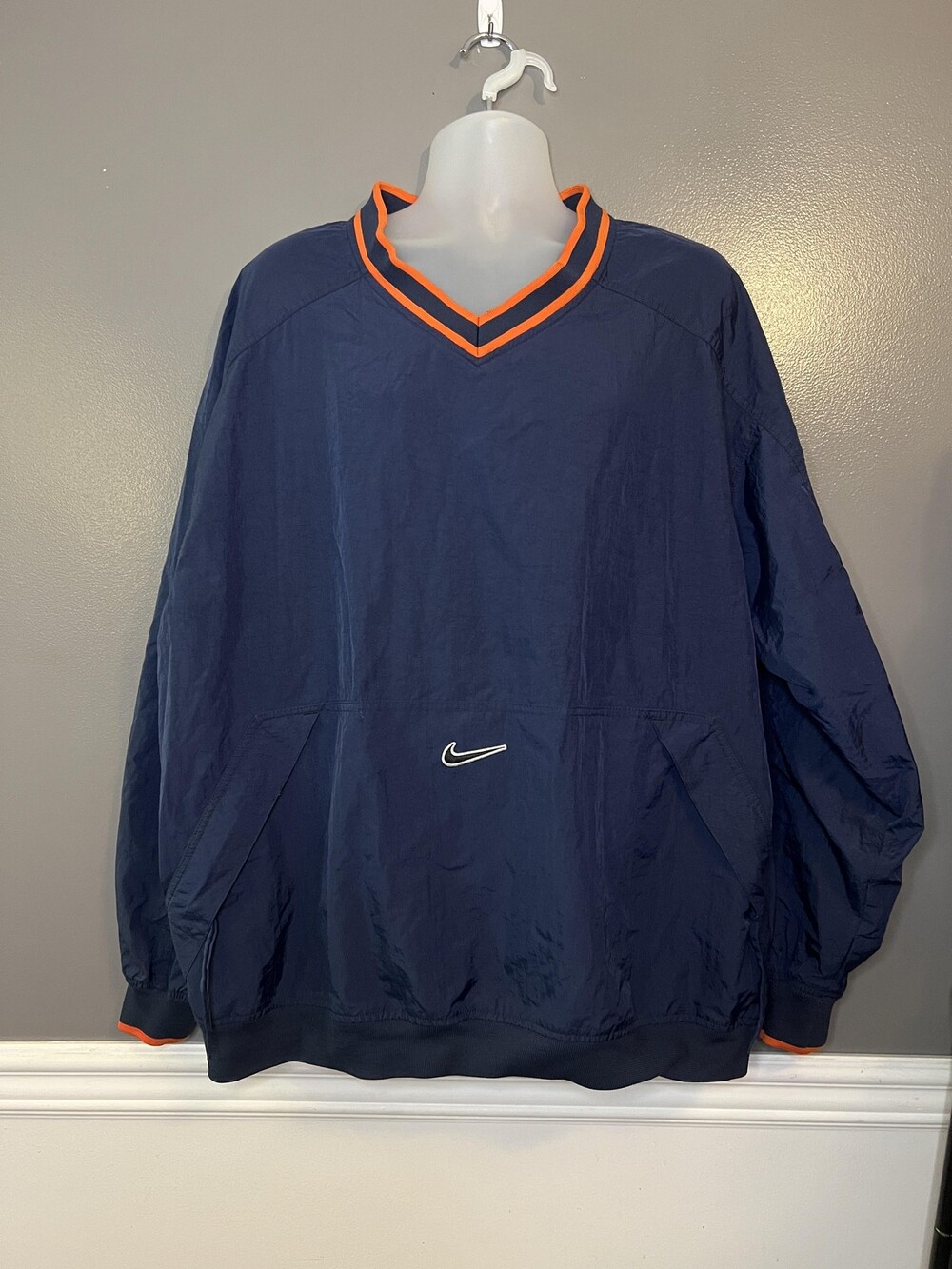Vintage Nike Pullover Jacket Mens 2XL Navy Blue Orange Trim Swoosh Windbreaker